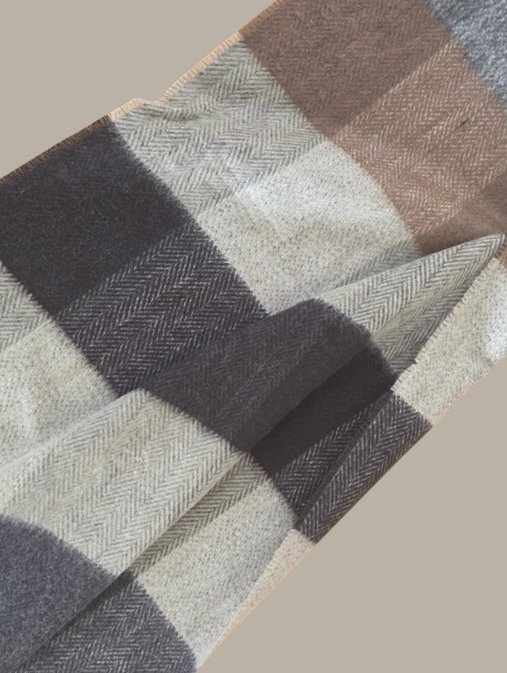 Fraas Plaid Scarf Made in Germany Brown Gray Black Taupe Unisex Fringe 14 x 70